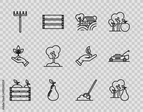 Set line Wooden box for fruits and vegetables, Tree with pears, Farm House concept, Pear, Garden rake, in the ground, Shovel and Lawn mower icon. Vector