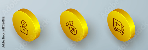 Set Isometric line Angry customer, Telephone 24 hours support and Delivery cargo truck icon. Vector