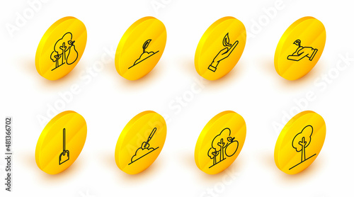 Set line Tree, with apple, Garden trowel spade or shovel in the ground, Shovel, Sprout hand of environmental protection, and pears icon. Vector