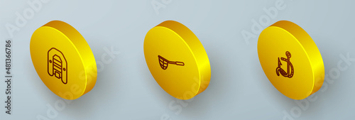 Set Isometric line Inflatable boat with motor, Fishing net and hook and worm icon. Vector