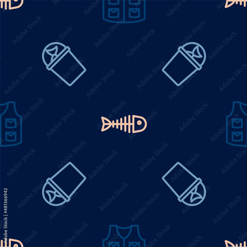 Set line Fishing jacket, bucket with fish and skeleton on seamless pattern. Vector Set line Fishing jacket, bucket with fish and skeleton on seamless pattern. Vector