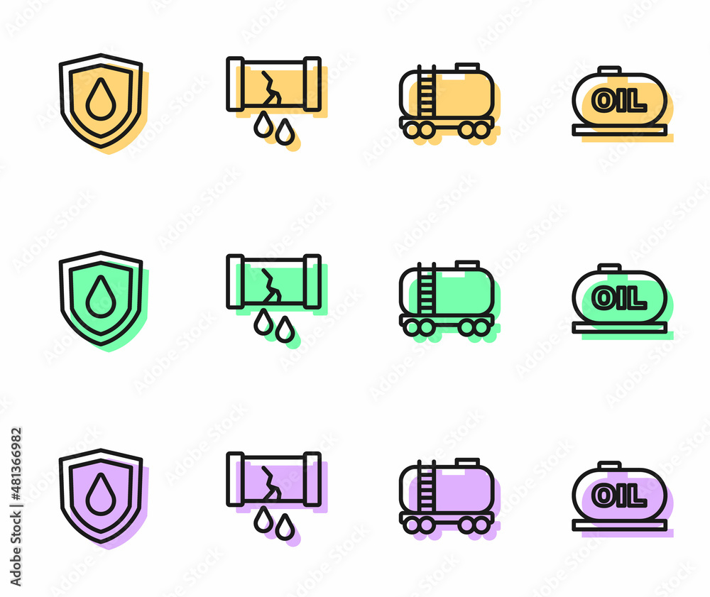 Set line Oil railway cistern, drop on shield, Broken oil pipe with valve and tank storage icon. Vector Set line Oil railway cistern, drop on shield, Broken oil pipe with valve and tank storage icon. Vector