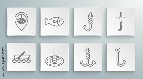 Set line Fishing boat with oars on water, float, hook, and and Location fishing icon. Vector
