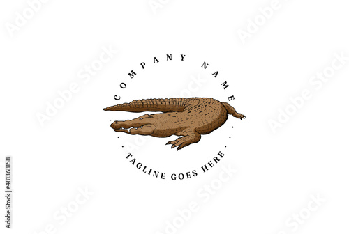 Retro Vintage Hand Drawn Crocodile Alligator Mugger Reptile Animal Logo Design Vector