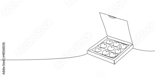 Box with chocolate continuous line drawing. One line art of decoration, sweets,cupcakes, muffin, chocolate, gift, romance, March 8, birthday, valentine s day, relationship, love.