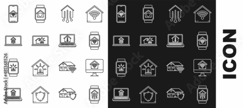 Set line Smart home with smart watch, Computer monitor wi-fi, Laptop house and alarm, Mobile phone and temperature icon. Vector