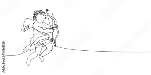 Cupid with bow continuous line drawing. One line art of love, relationship, lovers, wings, fly, feelings, angel, cupid, protector of lovers, symbolism, valentine. photo