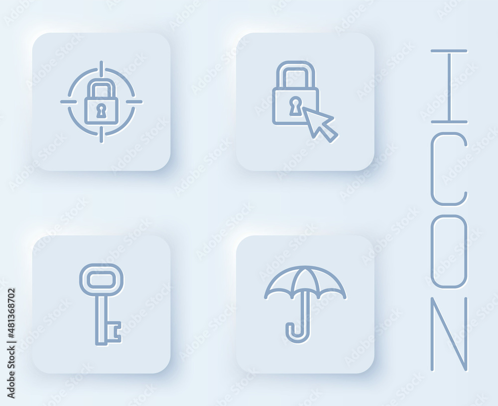 Set line Lock, Old key and Umbrella. White square button. Vector Set line Lock, Old key and Umbrella. White square button. Vector