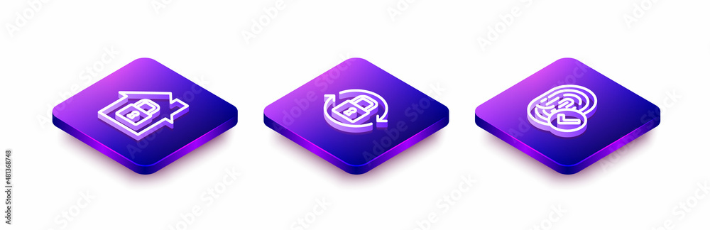Set Isometric line House under protection, Lock and Fingerprint icon. Vector Set Isometric line House under protection, Lock and Fingerprint icon. Vector