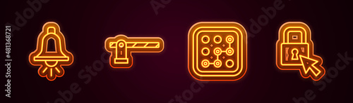 Set line Ringing alarm bell, Parking car barrier, Graphic password protection and Lock. Glowing neon icon. Vector