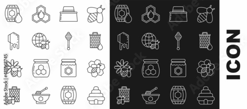 Set line Hive for bees, Bee and honeycomb, Honeycomb, Beekeeper with protect hat, map of the world, Wooden barrel and dipper stick icon. Vector