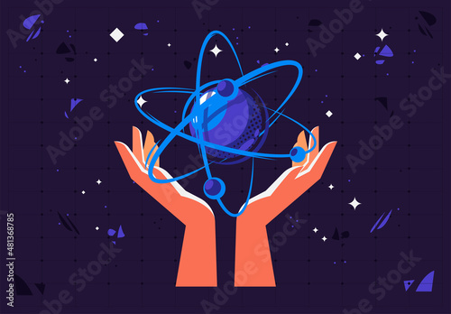 Vector illustration of two hands holding a physical particle atom