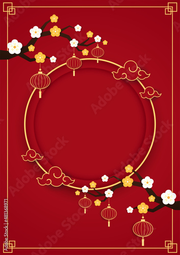 Happy Chinese new year 2022. Chinese new year banner with circle for show product. Greeting card. China frame with lantern on red background.