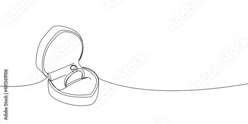 Ring in a heart-shaped box continuous line drawing. One line art of love, wedding rings, marriage, diamond, accessory, jewel, union of hearts, classic, romance.