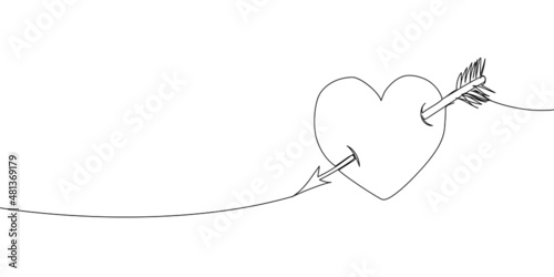 Heart with an arrow continuous line drawing. One line art of romance, love, cupid, feelings, relationships.