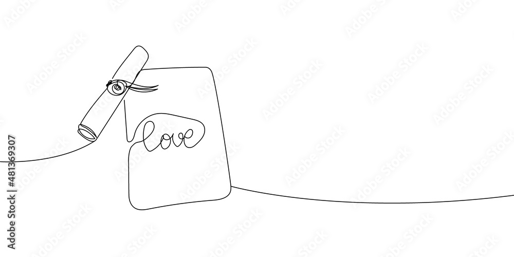 Scroll with wax seal and love letter continuous line drawing. One line ...