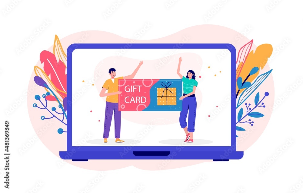 Obraz premium Seasonal discount website sale banner with people holding shopping bag. Promotion of online store loyalty program, bonus, reward, discount card, coupon or voucher. Modern flat vector for advertisement