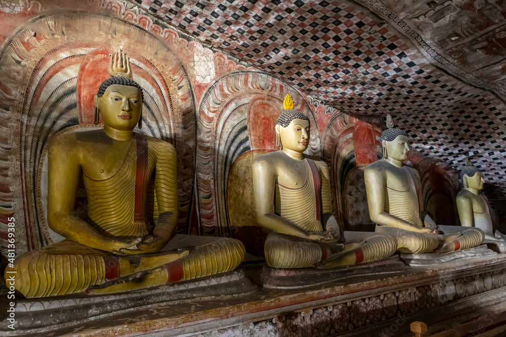 Fototapeta premium Sri Lanka. Dambulla Cave Temple. Buddha statues sitting in a row, illuminated by lamps from below.