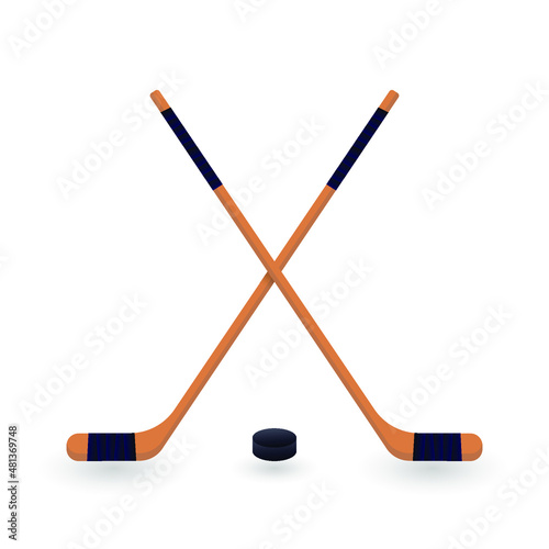 Crossed ice hockey sticks and puck. Symbol of winter game, active recreation, leisure activity. Vector illustration of wooden equipment isolated on white background