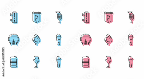 Set line Metal beer keg, Glass of, Street signboard with inscription Beer, Hop, Wooden barrel rack stopcock and glass icon. Vector