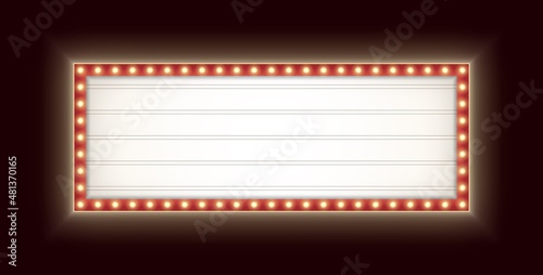Retro lightbox with light bulbs isolated on a dark background. Vintage theater signboard mockup. photo