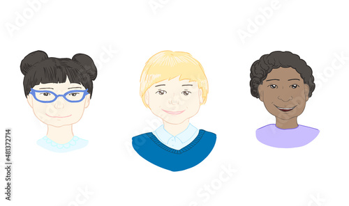 Vector illustration of three cartoon children's heads: a blond European boy, a Japanese girl, and an African boy. 
