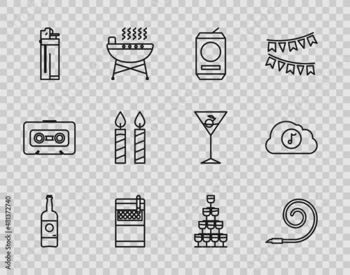 Set line Beer bottle, Birthday party horn, can, Open cigarettes pack box, Lighter, cake candles, Wine glasses stacked in pyramid tower and Music streaming service icon. Vector