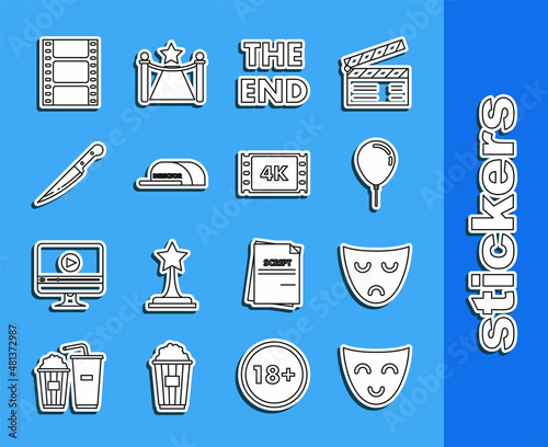 Set line Comedy theatrical mask, Drama, Balloon with ribbon, The End handwritten inscription, Cap director, Knife, Play Video and 4k movie, tape, frame icon. Vector