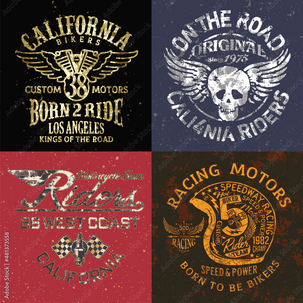 Vintage California motorcycle rider club vector grunge print collection  for boy t shirt 