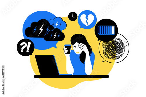 Woman in depression with bewildered thoughts in her mind. Young sad girl sitting at laptop. Vector illustration. Flat.