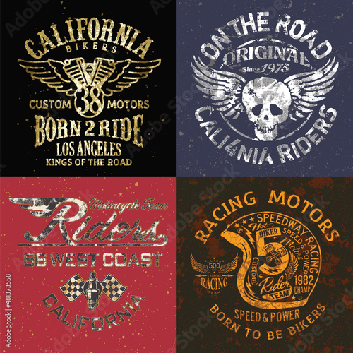 Vintage California motorcycle rider club vector grunge print collection  for boy t shirt 
