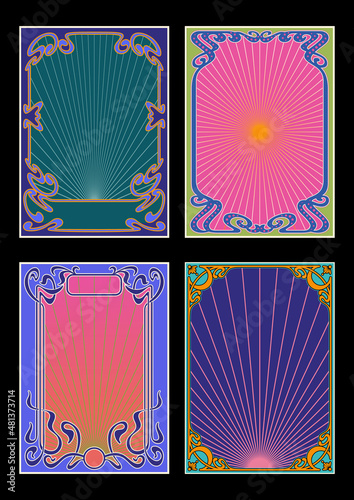 Psychedelic Art Nouveau Frames, Backgrounds. Template set for Posters, Covers. 1900s Decorative Ornaments, 1960s Psychedelic Colors