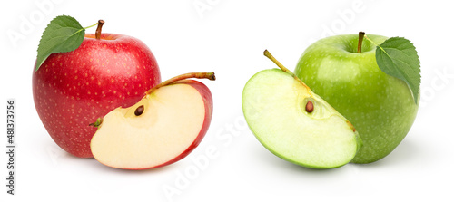 Red and green apples and slices with leaves isolated on white background, colorful apples.