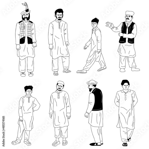 Men from Southern Asia in different poses sketch outline silhouettes set. Inclusiveness and diversity design elements vector illustration photo