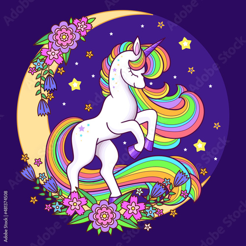 A cute magical unicorn with a rainbow mane. For children's design of prints, posters, cards, stickers and so on. Vector illustration
