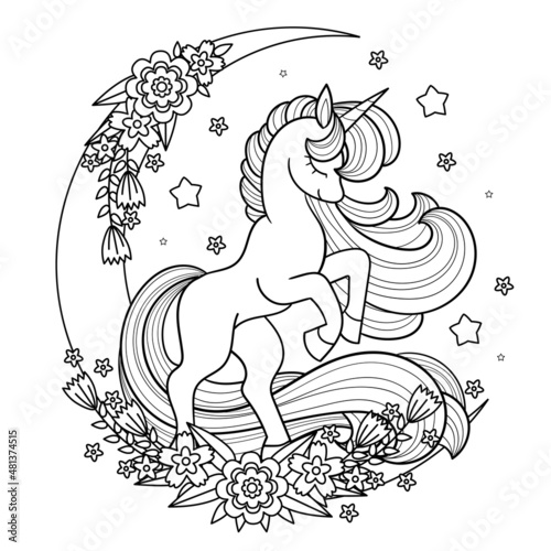 A beautiful unicorn with a long mane and a tail with flowers on the moon. Black and white linear, contour drawing. Fantasy animal, For children's design of coloring books, potions, posters, cards, sti
