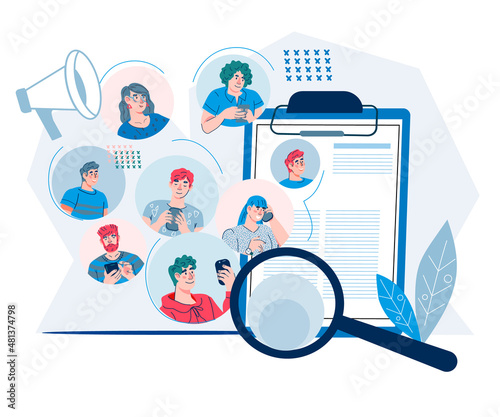 HR and CV, recruitment concept, career management, cartoon flat vector illustration isolated on white background. Staff recruitment, job application, hiring personnel and employment.