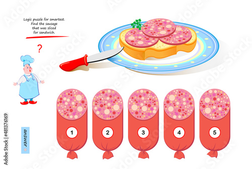Logic game for smartest. Find the sausage that was sliced for sandwich. 3D puzzle. Play online. Developing spatial thinking. Page for brain teaser book. IQ test. Vector illustration. photo