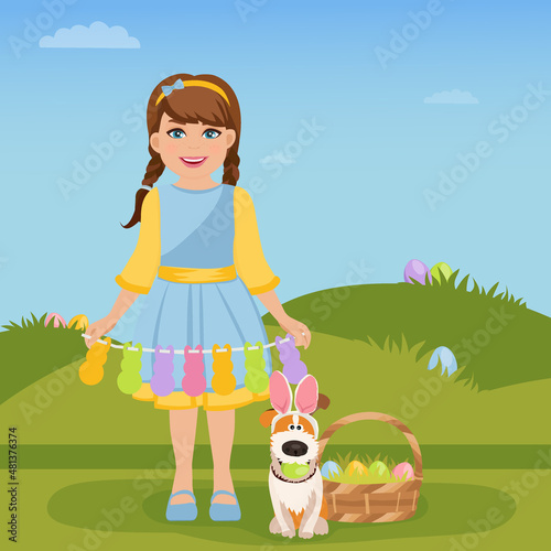 A cheerful child girl with a basket of colored eggs. Easter. Vector illustration.