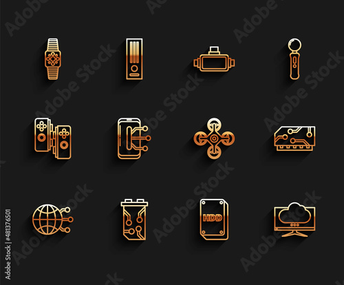 Set line Global technology or social network, Video graphic card, Smartwatch, Hard disk drive HDD, Computer monitor screen, Smartphone, mobile phone, RAM, random access memory and Drone icon. Vector