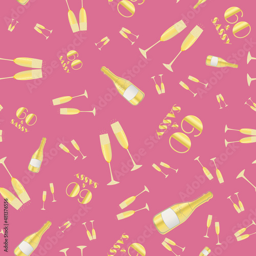 60 and sassy birthday vector seamless pattern with hand drawn champagne bottles and glasses. Gold and pink background. Fizzy drinks and 1920s font. Repeat for sixtieth birthday party celebration