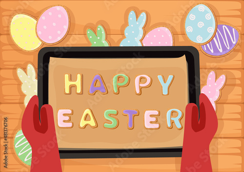Easter baking background. Concept of cooking traditional festive food Easter gingerbread and bread. Vector illustration. 