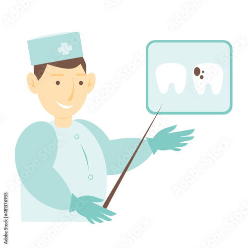 
A young doctor shows a picture with a healthy tooth and with caries for comparison. Dentistry. Somatologist with a pointer and a snapshot of teeth. Dental treatment. Vector.Isolated.