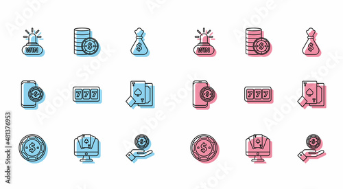 Set line Casino chip with dollar, Online poker table game, win, Hand holding casino chips, Slot machine lucky sevens jackpot, Playing card spades, and icon. Vector