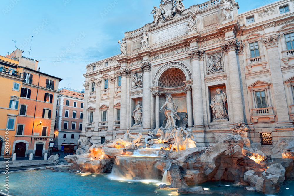 The iconic Trevi Fountain located in the capital of Italy; Rome. This shot was taken right before sunset.