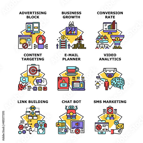 Marketing business concept, Business growth, Conversion rate, Content targeting, Link building, Sms marketing, Video analytics, E-mail planner, Chat bot, Advertising vector concept color illustration