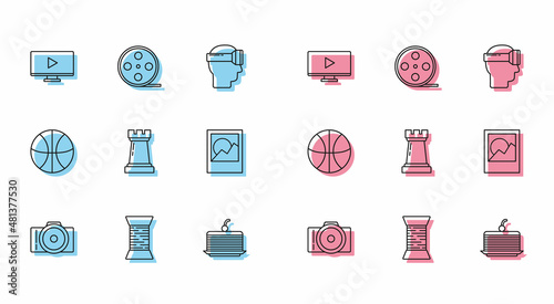 Set line Photo camera, Sewing thread on spool, Online play video, Cake, Chess symbol, frames, Basketball ball and Film reel icon. Vector