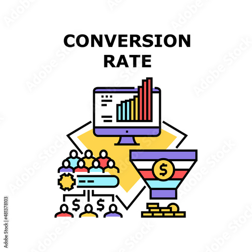 Conversion rate funnel. lead optimization. digital marketing. cro data. customer campaign. business growth generation vector concept color illustration