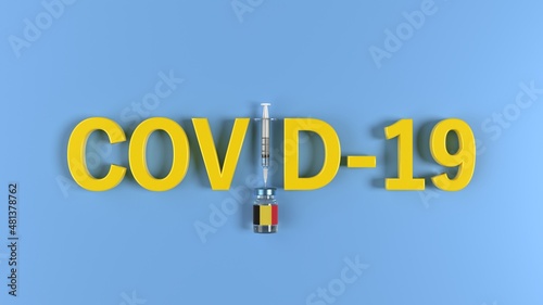 Belgian flag on Coronavirus Covid-19 vaccine bottle. Syringe is creating letter I on blue background. Covid-19 vaccination, flu prevention, immunization concept. High quality 3D rendering.