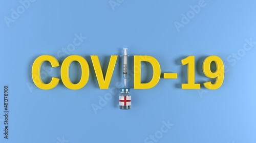 English flag on Coronavirus Covid-19 vaccine bottle. Syringe is creating letter I on blue background. Covid-19 vaccination, flu prevention, immunization concept. High quality 3D rendering. © Kemal